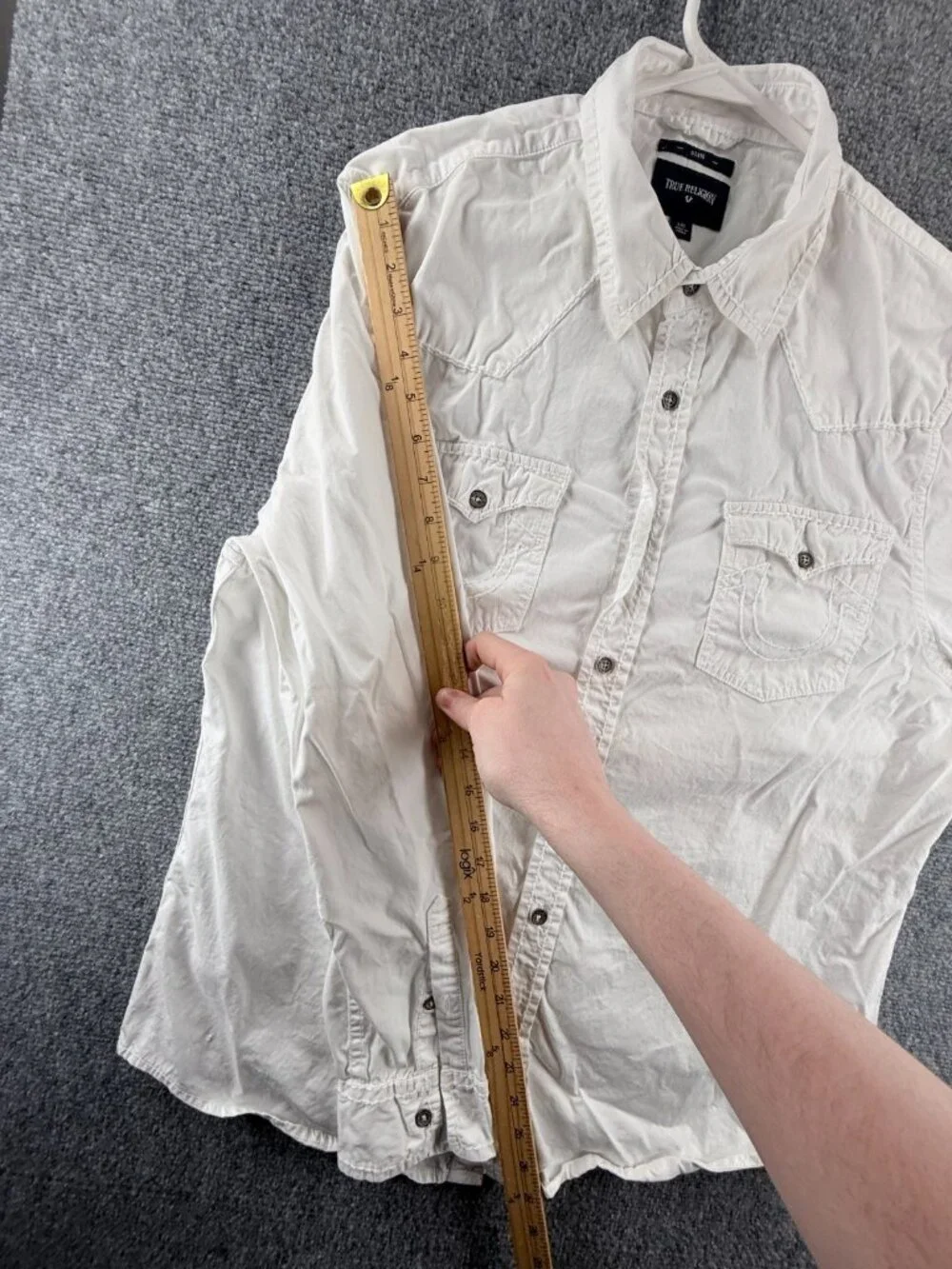 True Religion White Button Up Shirt Men Long Sleeve Large Slim Fit Pockets Urban